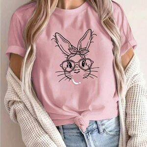 Rabbit Cartoon Print T-Shirt - Baby Pink, Size XXL